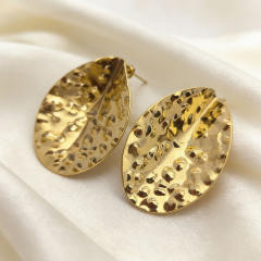 18KG punk trend hammer pattern leaf stainless steel earrings