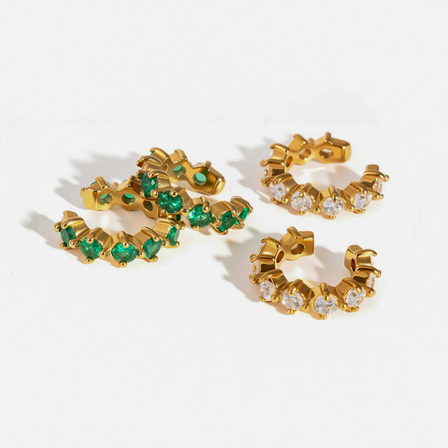 18KG white green cubic zircon inlaid stainless stee ear cuff earrings