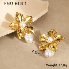Baroque pearl inlaid stainless steel earrings flower earrings