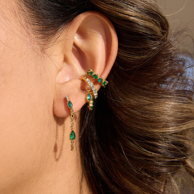 18KG white green cubic zircon inlaid stainless stee ear cuff earrings
