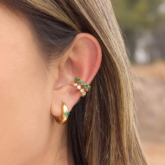 18KG white green cubic zircon inlaid stainless stee ear cuff earrings