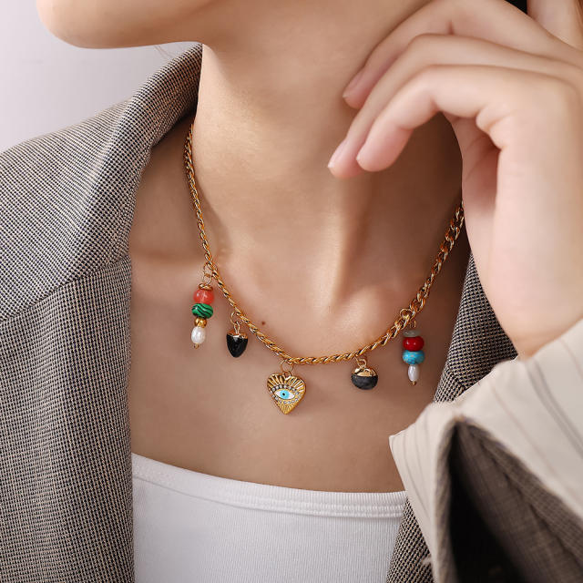 New Beach Ocean Vacation Style DIY Colorful Natural Stone Heart Pendant Accessories Plated 18K Gold Jewelry Pendant