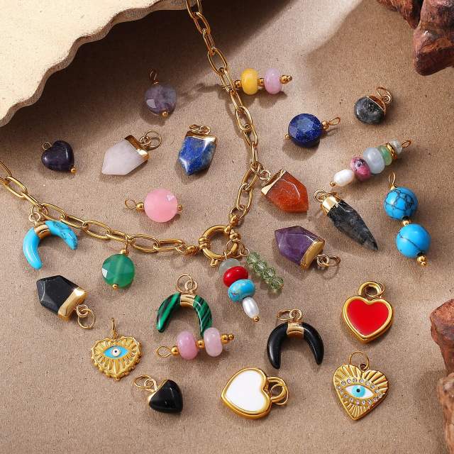 New Beach Ocean Vacation Style DIY Colorful Natural Stone Heart Pendant Accessories Plated 18K Gold Jewelry Pendant