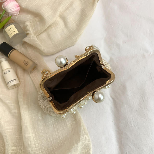 Pearl Handheld Clip Bag Spring New Woven Bag Chain Shoulder Straw Bag Crossbody Beach Women's Bag