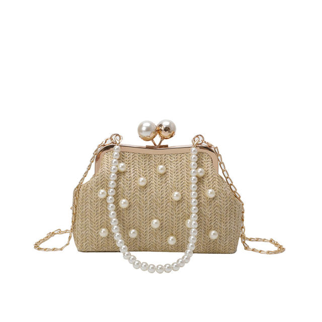 Pearl Handheld Clip Bag Spring New Woven Bag Chain Shoulder Straw Bag Crossbody Beach Women's Bag