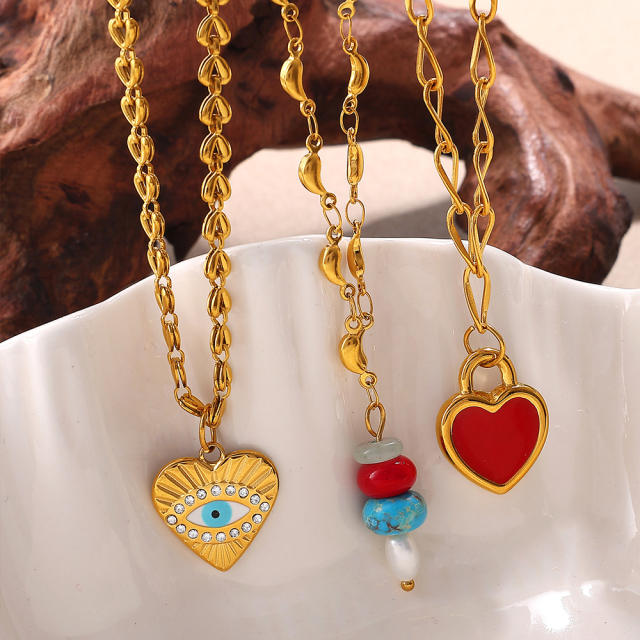 New Beach Ocean Vacation Style DIY Colorful Natural Stone Heart Pendant Accessories Plated 18K Gold Jewelry Pendant