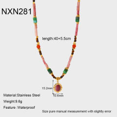 Boho colorful natrual stone bead stainless steel bracelet necklace set