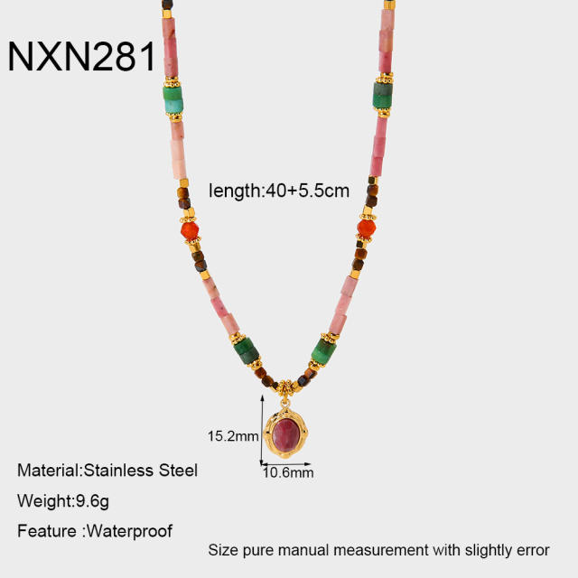 Boho colorful natrual stone bead stainless steel bracelet necklace set