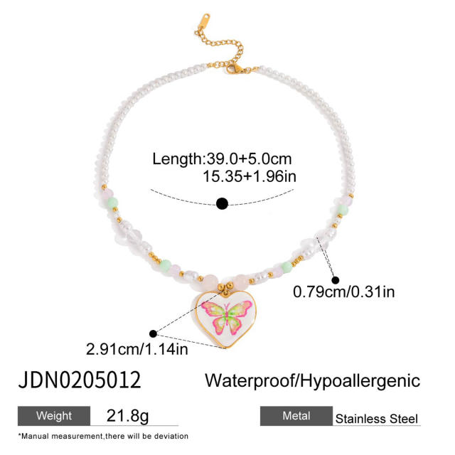18KG pink enamel heart series stainless steel necklace bracelet set
