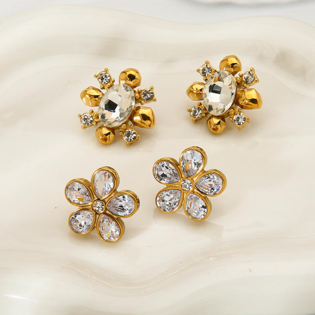 18KG delicate cubic zircon pearl inlaid sunflower stainless steel earrings