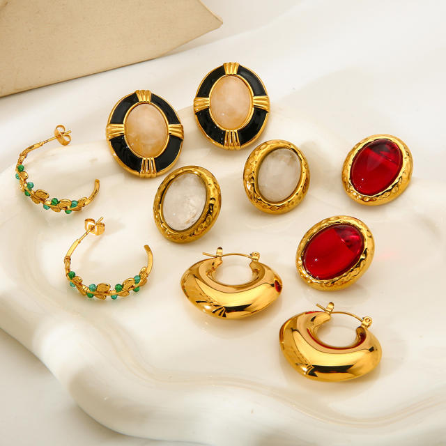 18KG oval shape natural stone inlaid stainless steel earrings