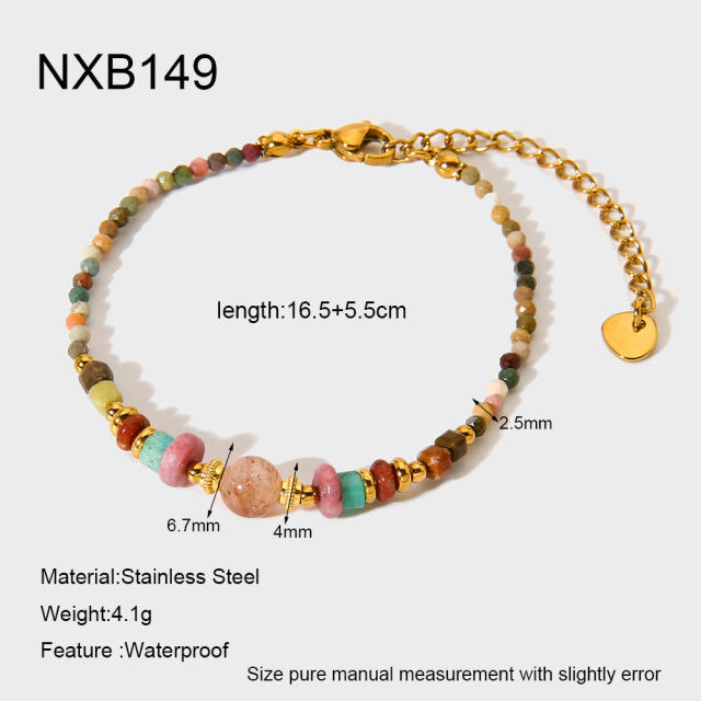 Boho colorful natrual stone bead stainless steel bracelet necklace set