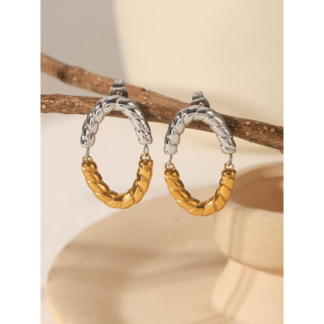 Unique hammer pattern mix color semicircle stainless steel earrings