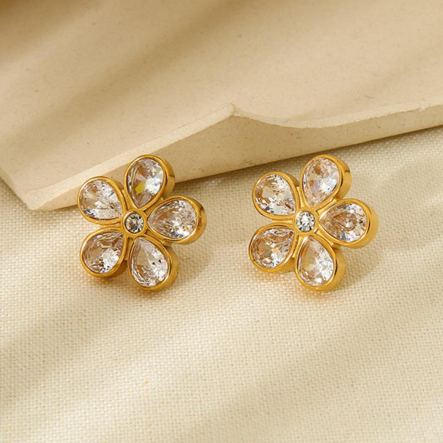 18KG delicate cubic zircon pearl inlaid sunflower stainless steel earrings