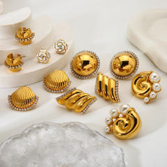 18KG hot sale inlaid diamond shell button shape stainless steel earrings
