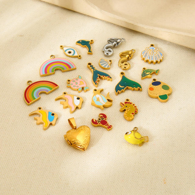 Ins Mermaid Flip-Top Heart Enamel Rainbow Stainless Steel Pendant Waterproof DIY Jewelry Accessories Charm for Women