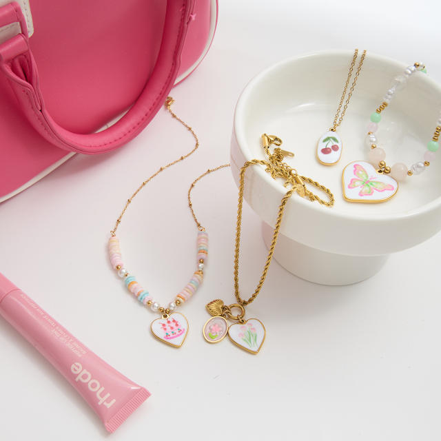18KG pink enamel heart series stainless steel necklace bracelet set
