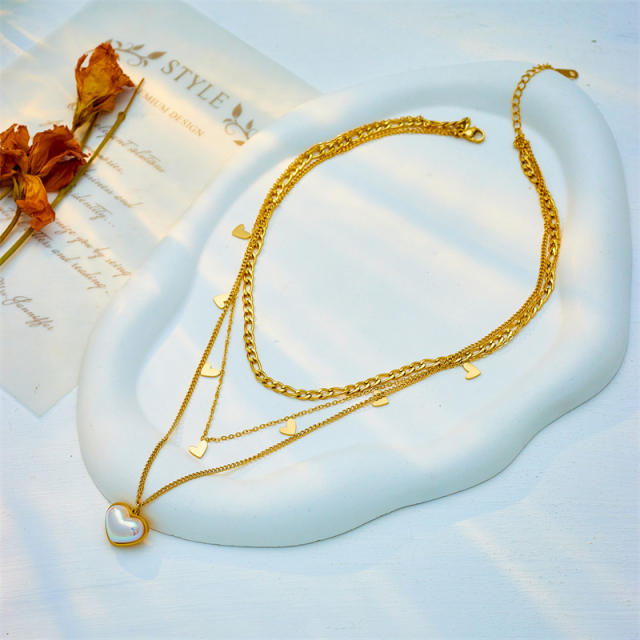 Multi-layer mix chain stacked Pearl love pendant jewelry stainless steel necklace