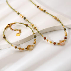 Boho colorful natrual stone bead stainless steel bracelet necklace set