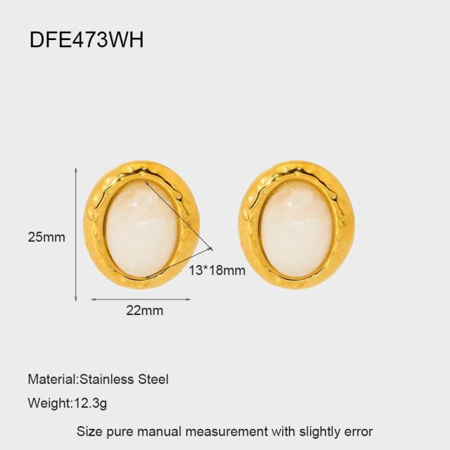18KG oval shape natural stone inlaid stainless steel earrings