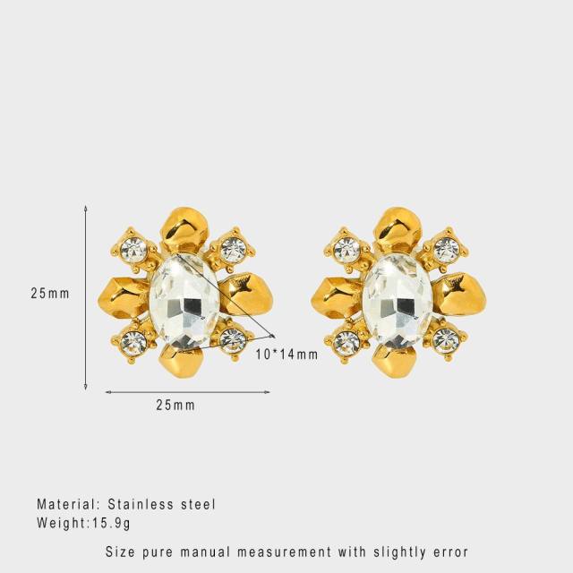 18KG delicate cubic zircon pearl inlaid sunflower stainless steel earrings