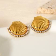 18KG hot sale inlaid diamond shell button shape stainless steel earrings