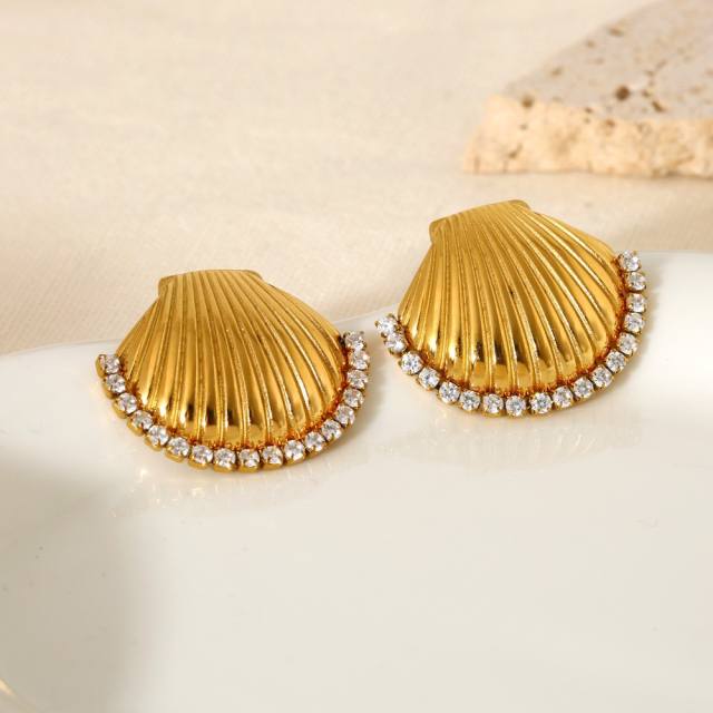 18KG hot sale inlaid diamond shell button shape stainless steel earrings