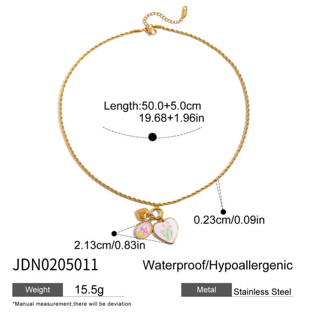 18KG pink enamel heart series stainless steel necklace bracelet set