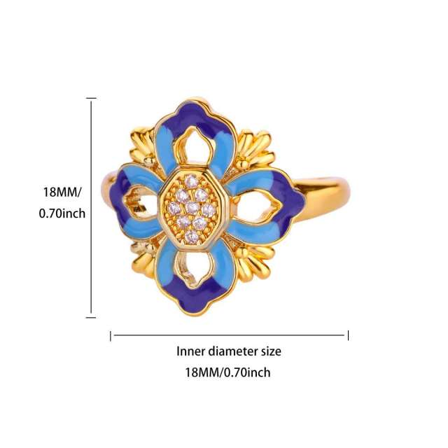 Fashion Retro Ins Style Blue Drip Glaze Open Ring Elegant Simple Geometric Zircon Versatile Ring