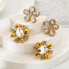 18KG delicate cubic zircon pearl inlaid sunflower stainless steel earrings