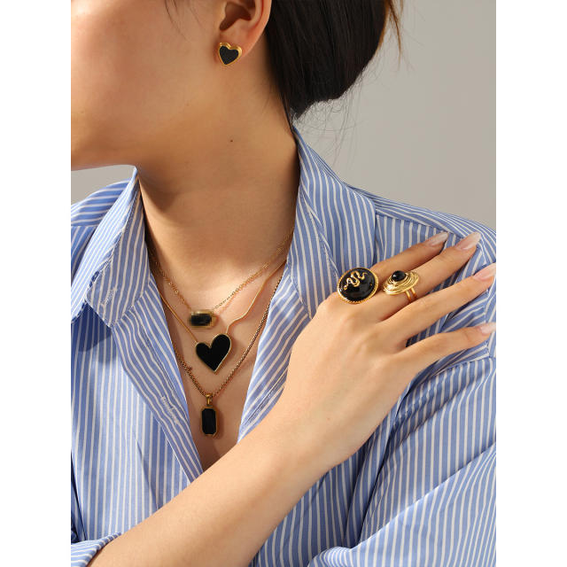 INS black color enamel stainless steel earrings necklace set
