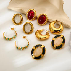 18KG oval shape natural stone inlaid stainless steel earrings