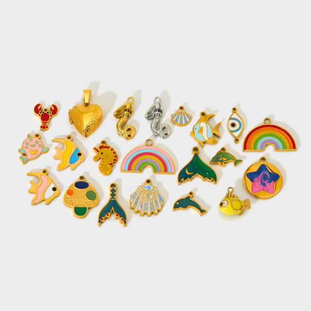 Ins Mermaid Flip-Top Heart Enamel Rainbow Stainless Steel Pendant Waterproof DIY Jewelry Accessories Charm for Women