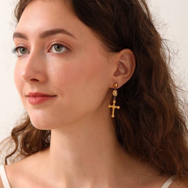 18KG baroque cross stainless steel earrings