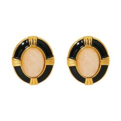 18KG oval shape natural stone inlaid stainless steel earrings