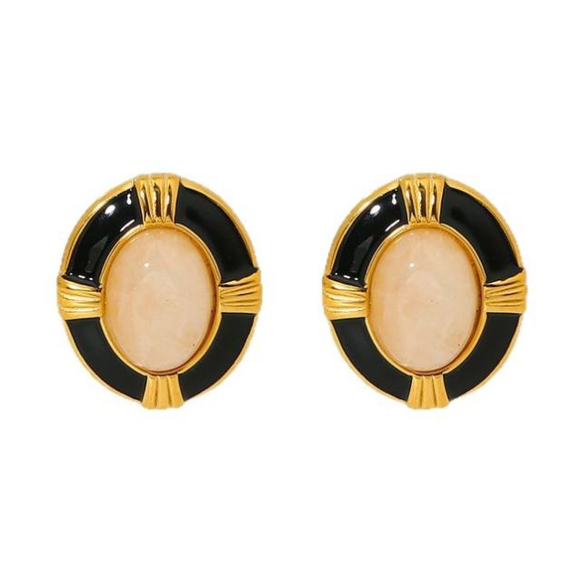 18KG oval shape natural stone inlaid stainless steel earrings