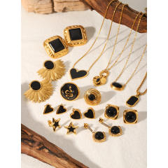 INS black color enamel stainless steel earrings necklace set