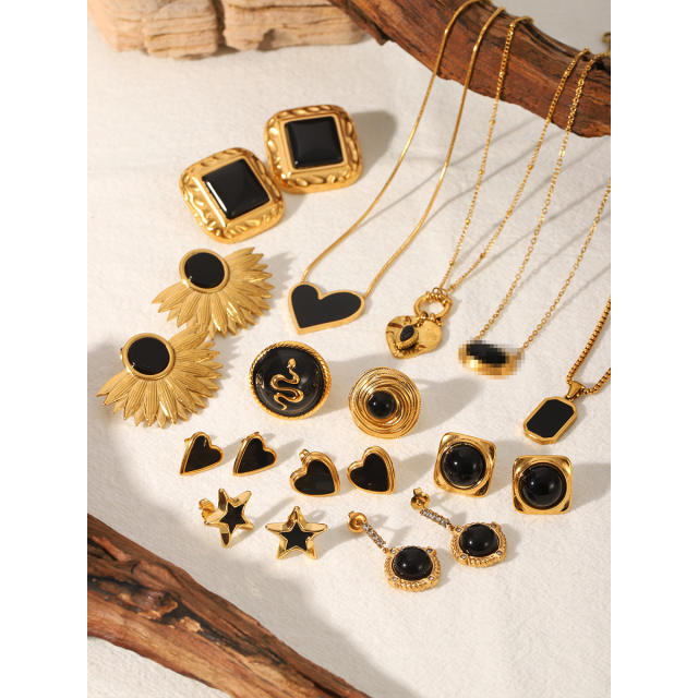 INS black color enamel stainless steel earrings necklace set