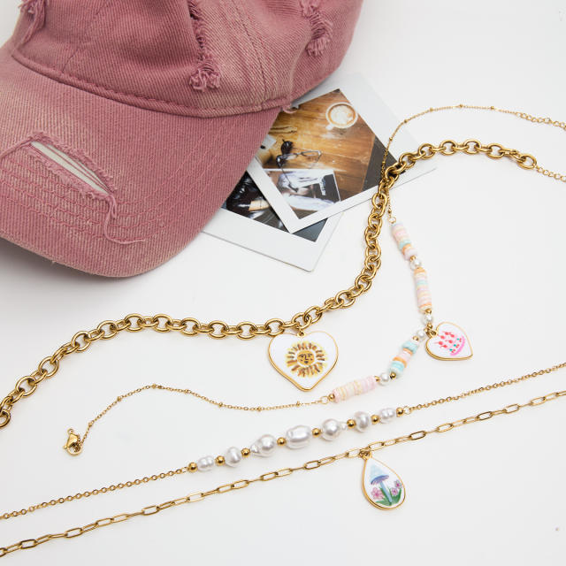 18KG pink enamel heart series stainless steel necklace bracelet set