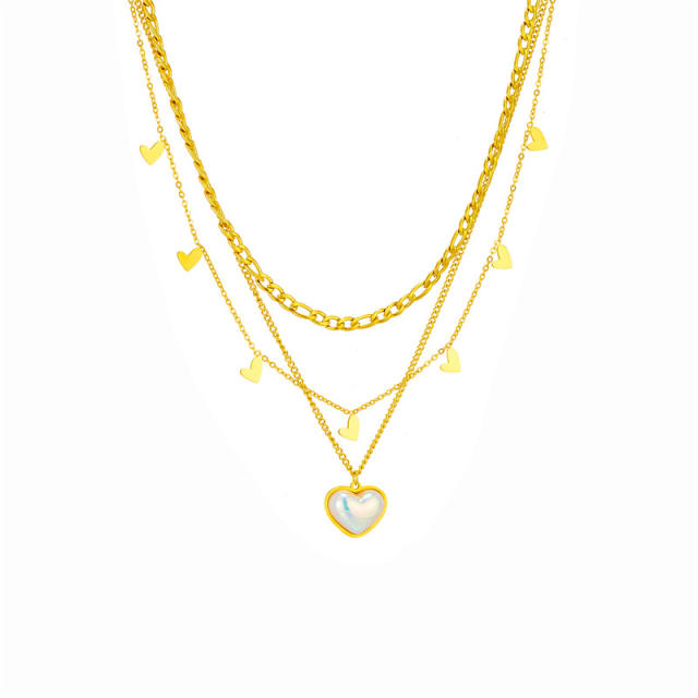 Multi-layer mix chain stacked Pearl love pendant jewelry stainless steel necklace