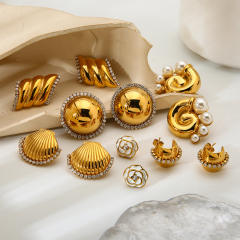 18KG hot sale inlaid diamond shell button shape stainless steel earrings