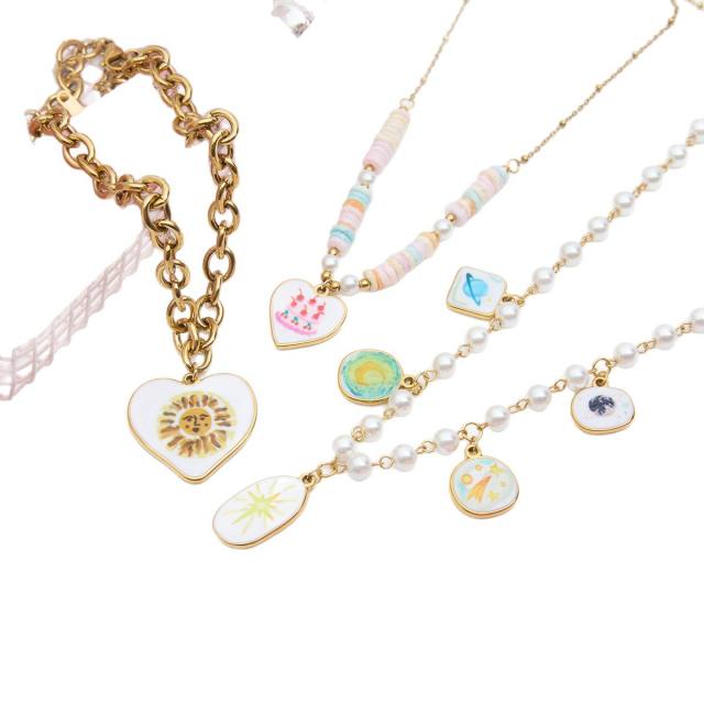 18KG pink enamel heart series stainless steel necklace bracelet set