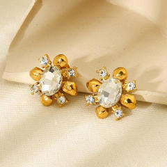 18KG delicate cubic zircon pearl inlaid sunflower stainless steel earrings