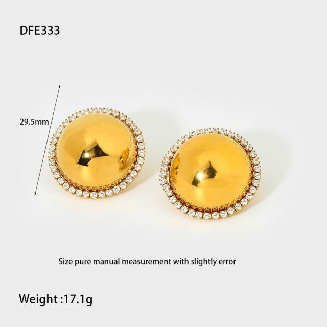 18KG hot sale inlaid diamond shell button shape stainless steel earrings