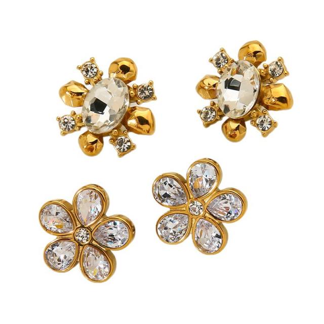 18KG delicate cubic zircon pearl inlaid sunflower stainless steel earrings
