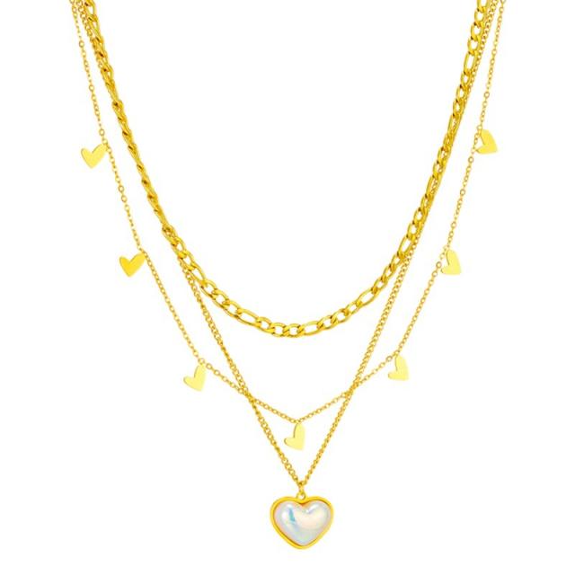 Multi-layer mix chain stacked Pearl love pendant jewelry stainless steel necklace