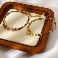 Boho colorful natrual stone bead stainless steel bracelet necklace set