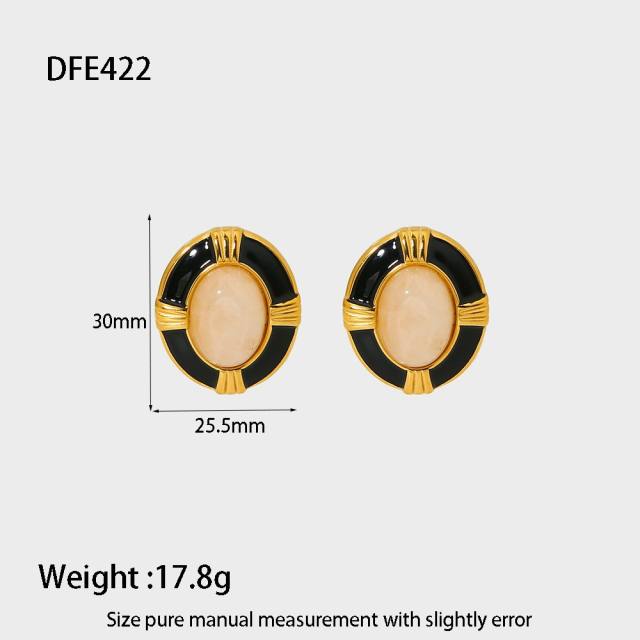 18KG oval shape natural stone inlaid stainless steel earrings