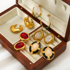 18KG oval shape natural stone inlaid stainless steel earrings