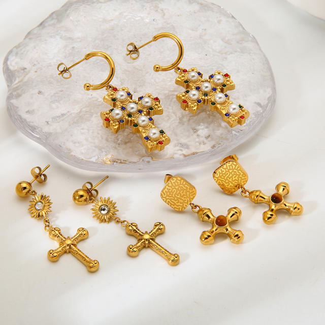 18KG baroque cross stainless steel earrings